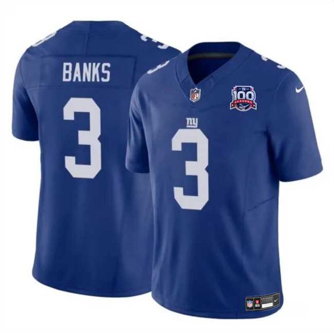 Men & Women & Youth New York Giants #3 Deonte Banks Blue 2024 F.U.S.E. 100TH Season Patch Vapor Untouchable Limited Stitched Jersey